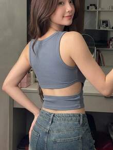 DAZY 女款純色鏤空修身百搭日常穿著上衣 Y2K - 灰色 - 查看 4