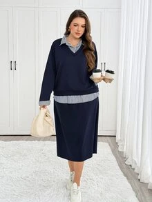 Easowa Curve Plus Size Women's Striped Shirt Collar 2 In 1 Sweatshirt And Skirt Casual Two Pieces Set - Navy Blue - View 1
