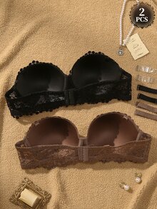 SHEIN Plus Size Underwire Sexy Lace Comfortable Push-Up Bra 2pcs/Set - Multicolor - View 2