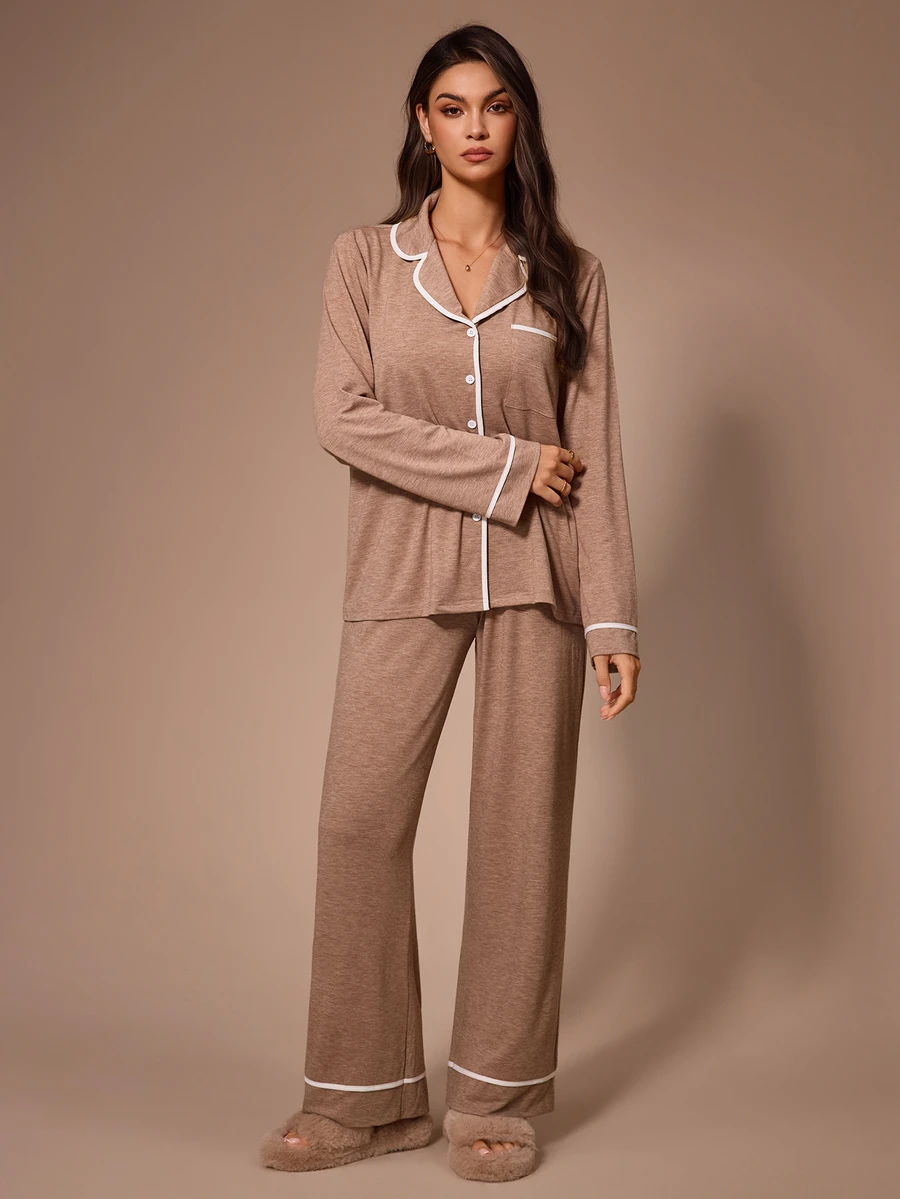Lazeform Casual Loose Fit Contrast Color Lapel Open Front Long Sleeve Pants Women's Pajama Set - Brown - View 1