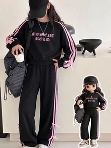SHEIN 青少年女孩黑色粉色條紋蝴蝶結字母印花運動衫與長褲套裝 2件式休閒運動套裝運動服 - 黑色 - 查看 8