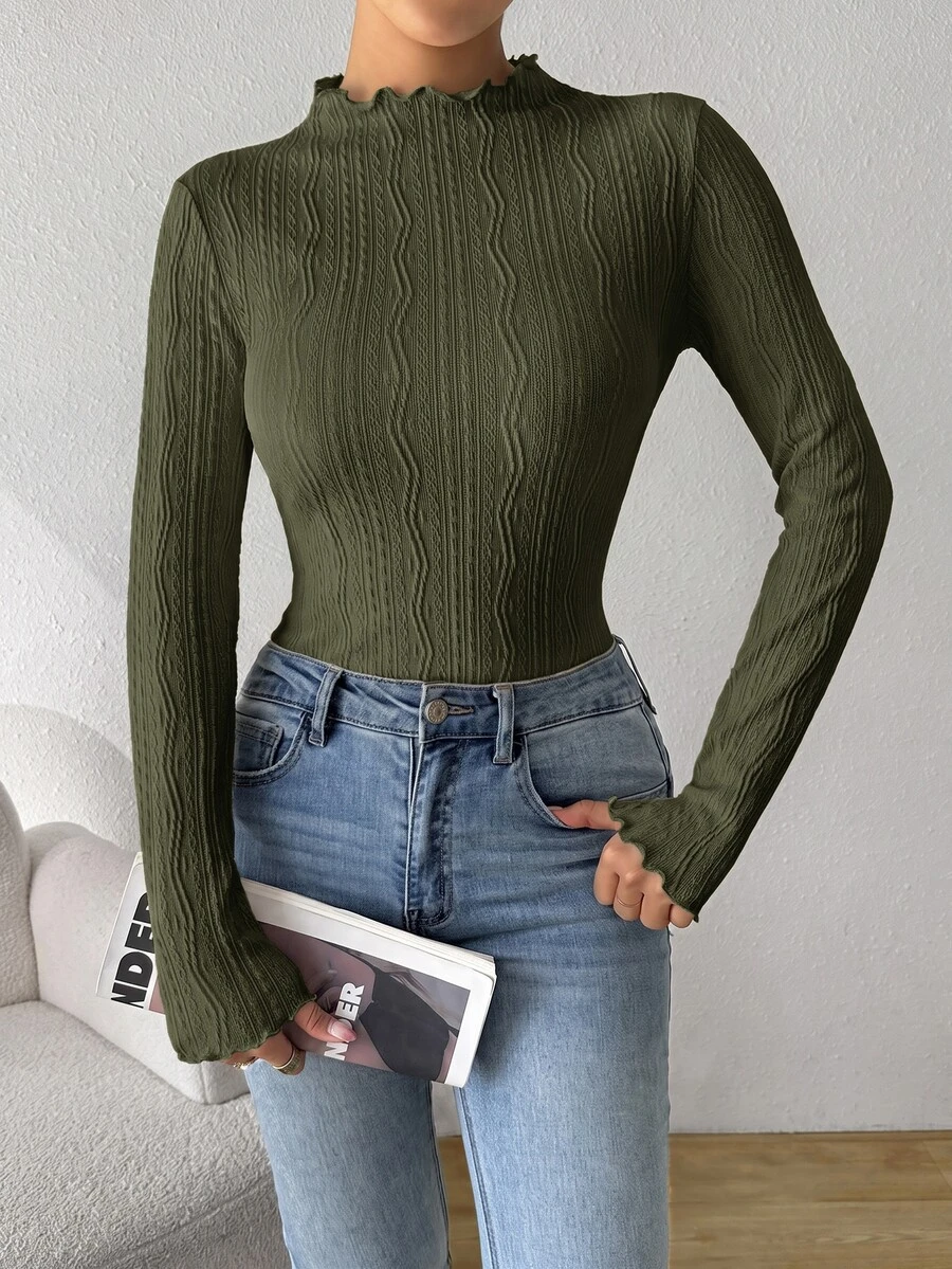 SHEIN Essnce 女款秋季純色荷葉邊立領長袖修身T恤上衣,法式優雅休閒日常早午餐穿搭上衣 - 軍綠色 - 查看 1