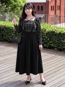 Bijouette Plus Size Women's Patchwork Plaid Long Sleeve Square Neck Elegant Dress - Black - View 7