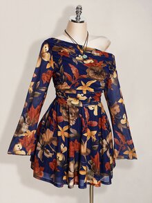 SHEIN ICON 大尺碼 Y2K 楓葉印花網紗長袖洋裝，復古休閒修身連身裙，適合春秋穿著 - 藏蓝色 - 查看 7