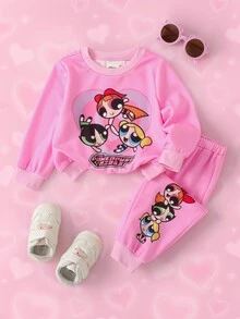 THE POWERPUFF GIRLS X SHEIN Baby Girl Cartoon Print Sweatshirt And Jogger Pants Set - Pink - View 2