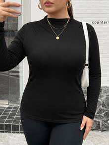 SHEIN CURVE+ Plus Size 22W Mock Neck Ruched Slim Fit Tee Fall - Black - View 5