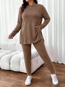 SHEIN Frenchy 大尺碼針織居家底層休閒舒適女款2件套瑜伽運動服 自發熱衣 日常外出穿搭套裝 - 棕色 - 查看 2