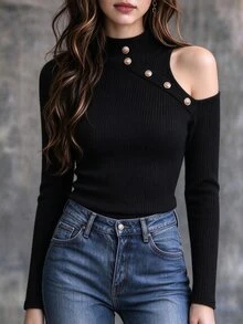 Linhara CURVE Women's Plus Size High Neck Cold Shoulder Knitted Top, Long Sleeve Diagonal Button Design Ribbed Slim Fit Sweater, Elegant Pure Black Autumn T-Shirt Versatile - Black - View 4