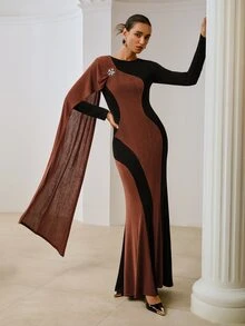ZEYLAH Women's Colorblock 3D Floral Decor Elegant Patchwork Round Neck Cape Dress - Black - View 4