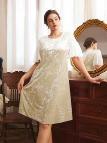 Côtesoire Plus Size Women's Round Neck Ruffle Short Sleeve Loose Elegant Nightgown - Apricot - View 3