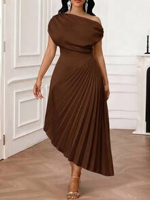 SHEIN Lady 大尺碼時尚不對稱下擺百褶收腰不對稱肩帶洋裝 海軍藍 夏季優雅婚禮正式雞尾酒禮服 - 棕色 - 查看 5