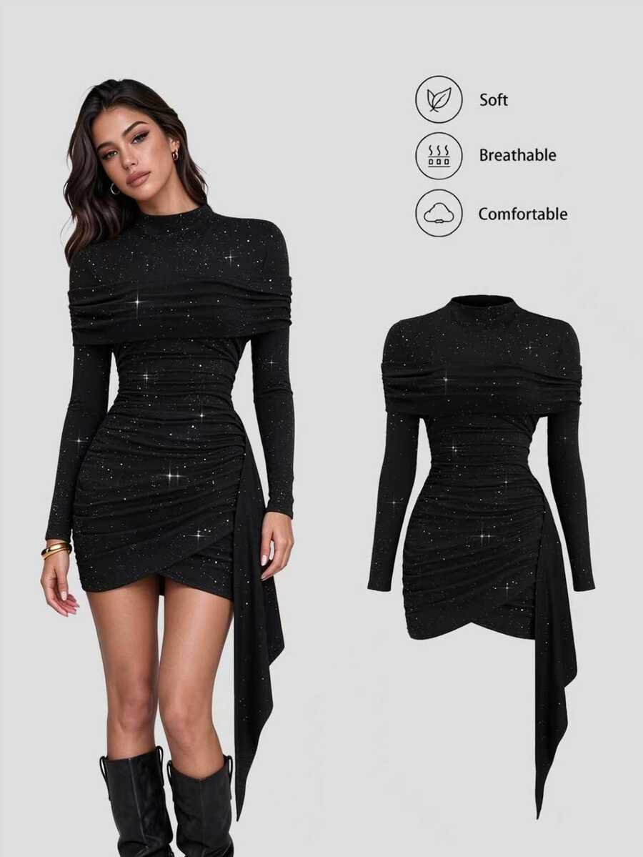 Sweetra فستان حفلة نسائي بأسلوب الفتاة الأمريكية الساخنة، تصميم فريد برقبة نصف عالية مع طبقة علوية، خصر مجعد ضيق مع تفاصيل شريط، قماش لامع بأكمام طويلة، للخريف - الأسود - مشاهدة 1