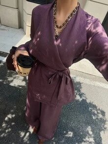 Livesso Women's Solid Color Waist Knot Long Sleeve Jacket And Pants Elegant French 2 Pieces Set Office Brunch Dark Purple Fall - Purple - View 4