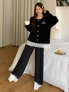 DAZY Women's Contrast Lace Hem Button Design Top And Long Pants Pajama Set - Black - View 8
