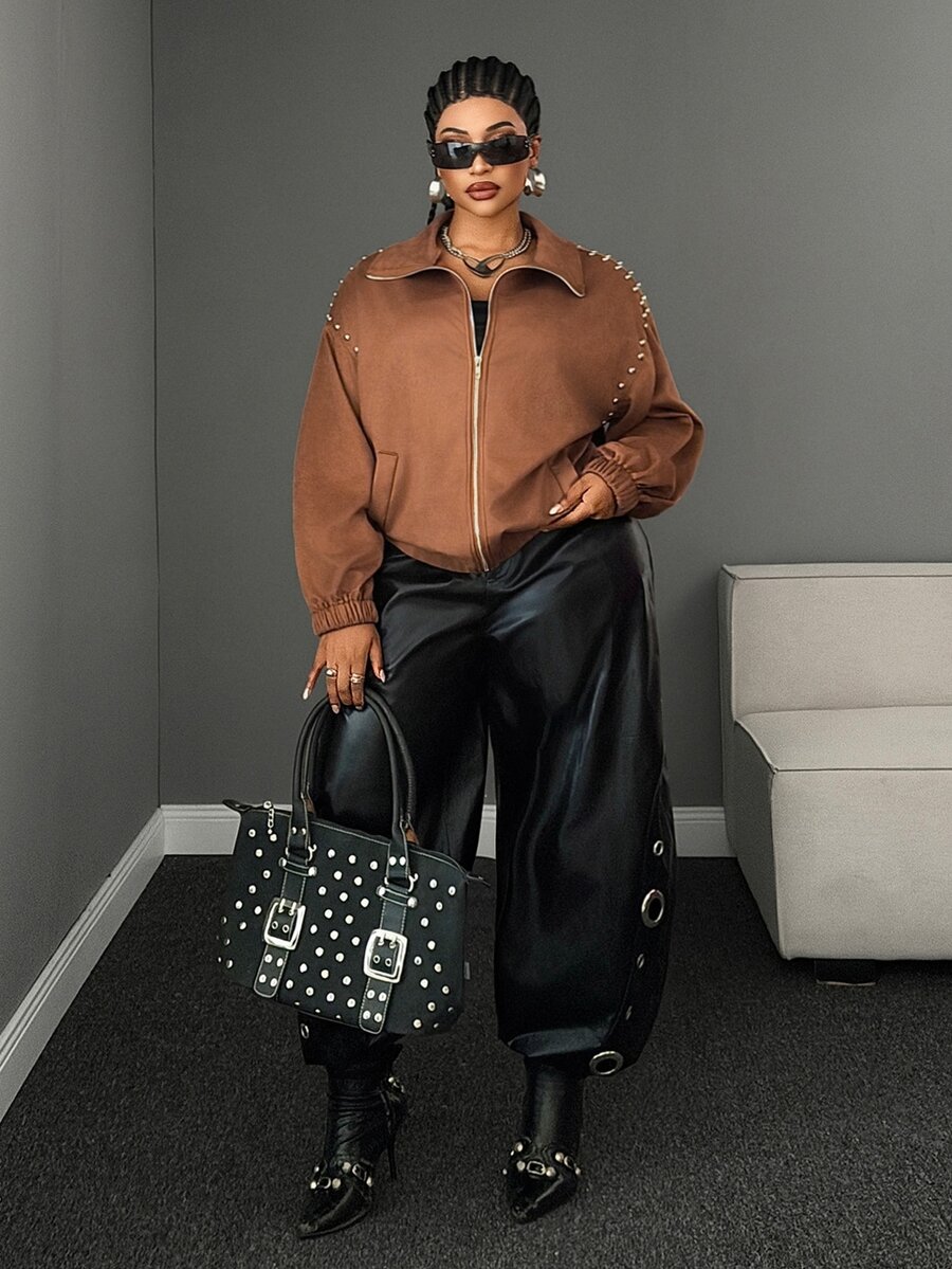 Maweii Plus Size Elegant Streetwear Long Sleeve Shoulder Rivet Decor Zipper Front Elastic Hem Faux Suede Jacket - Brown - View 1