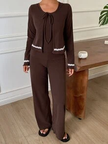 DAZY Women's Minimalist Tank Top And Long Pants With Embroidered Cardigan Pajama Set - Coffee Brown - View 4