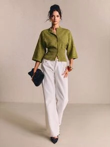 Poéselle 女款極簡風鈕扣收腰針織開襟外套 - 橄欖綠 - 查看 6