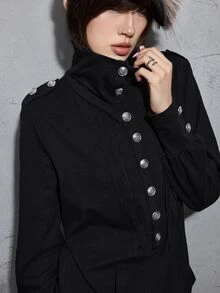 ROMWE Grunge Punk Áo thun nữ tay dài dáng rộng phong cách Punk Vintage với thiết kế cầu vai và khóa kim loại kiểu cung đình - màu đen - Xem 2