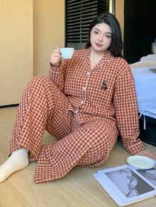 Dazy Plus Plus Size Women's Plaid Long Sleeve Single-Breasted Top And Pants Pajama Set - Red - View 3