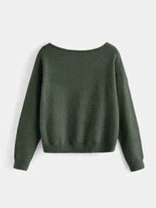 SHEIN BASICS 女款純色寬鬆船領長袖針織毛衣，秋冬針織衫 - 軍綠色 - 查看 2