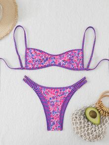SHEIN Swim 女款沙灘套裝，橘色碎花可反穿條紋微型比基尼抹胸式，時尚休閒度假風可愛性感泳衣套裝 - 彩色 - 查看 5