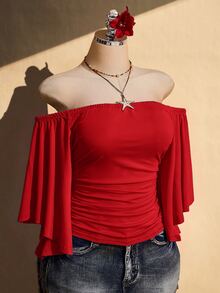 SHEIN ICON 女款大尺碼復古性感休閒千禧風 Y2K 波希米亞風度假風 荷葉袖 抓褶腰 棕色修身露肩上衣 - 紅色 - 查看 9
