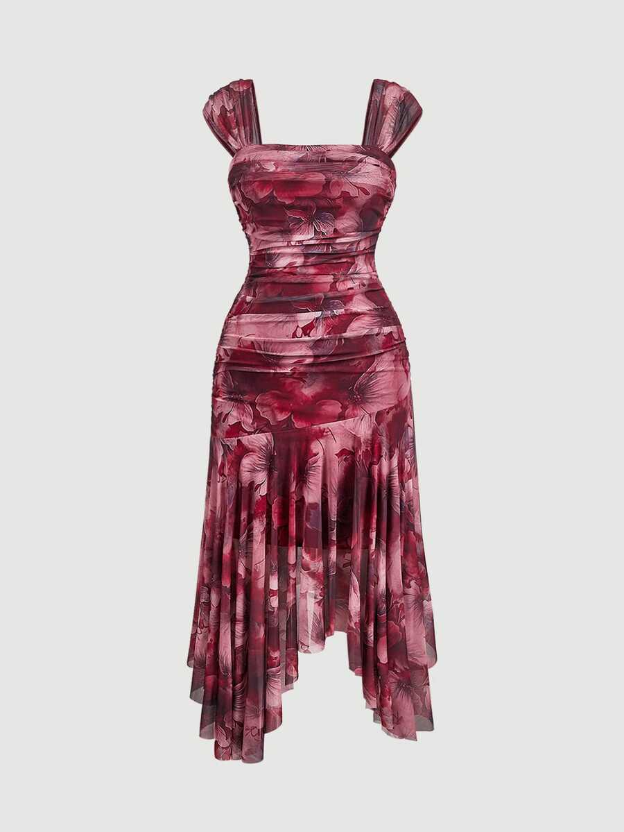 SHEIN MOD Plus Size Women's Floral Print Pleated Casual Party Dress for ...