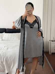 Napfluff CURVE Napfluff CURVE Plus Size Women Polka Dot Print Lace Patchwork Camisole Nightgown And Robe Set - Light Grey - View 4