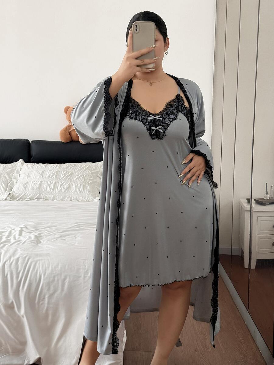 Napfluff CURVE Napfluff CURVE Plus Size Women Polka Dot Print Lace Patchwork Camisole Nightgown And Robe Set - Light Grey - View 1
