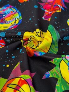 Whyspr Rick and Morty X SHEIN سروال ضيق مقاس كبير بطبعة زهور وتصميم رقعات بألوان متباينة - الأسود - مشاهدة 5