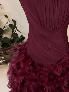 Lovelzi Burgundy Sequin Embroidered Mesh Patchwork Feather Decor Wide Shoulder Strap Spaghetti Ruched Bodycon Short Dress New Year Christmas Party Fall - Burgundy - View 8