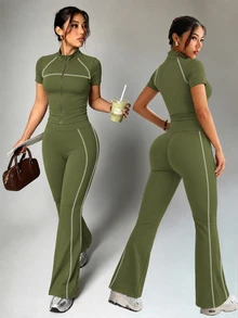 Dewbera Dewbera 女款運動套裝 海軍藍緊身版型 插肩短袖拼色全開襟夾克褲 分叉喇叭褲 運動休閒健身健身房夏季穿搭 - 軍綠色 - 查看 6
