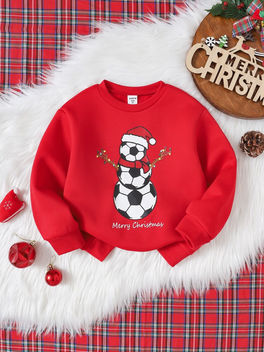 SHEIN Young Boy Casual Comfortable Versatile Cute Football Print Pattern Crew Neck Sweatshirt - Red - View 1
