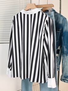 Lacomfia Plus Size Casual Single-Breasted Striped Contrast Color Shirt For Office - Black and White - View 2