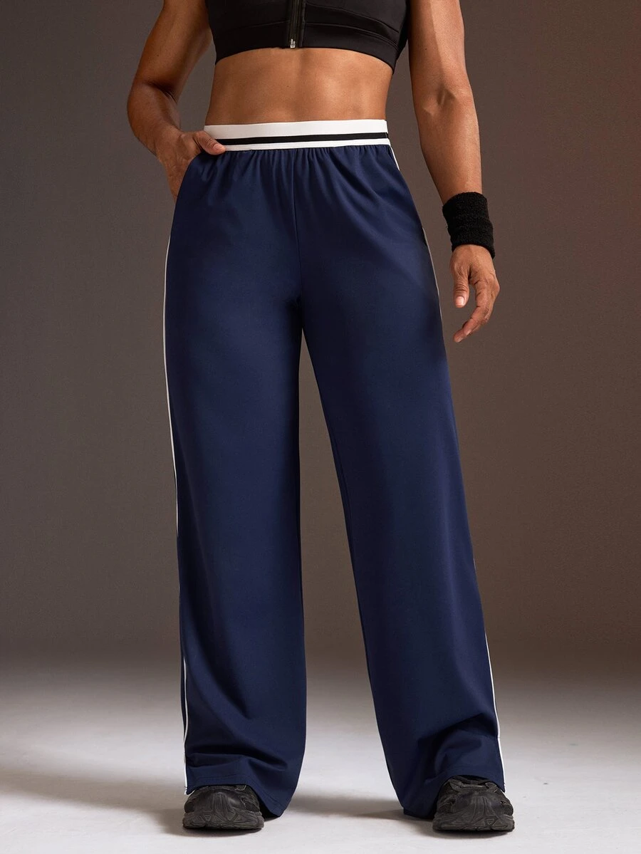 Powerista Women's Navy Blue & White Contrast Elastic Waist Knit Loose Wide Leg Split Hem Pants - Navy Blue - View 1