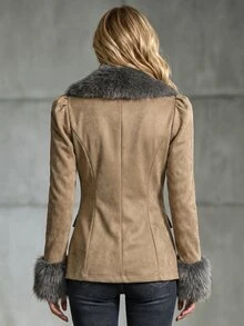 LUMIGAL Women's Plush Patchwork Double-Breasted Casual Elegant Versatile Long Sleeve Jacket Office Dinner Light Grey - Camel - View 2