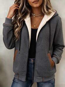 Holdful Holdful Women's Zipper Pocket Long Sleeve Hooded Knit Sweater - Dark Grey - View 7