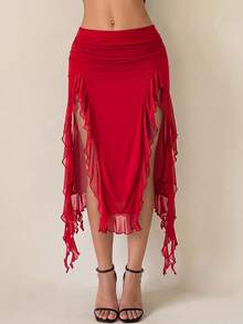 SHEIN ICON 女款百褶拼接層次不對稱下擺中長低腰裙 - 紅色 - 查看 1