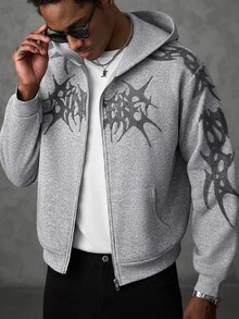 SLATEMANN Men's Gothic Pattern Zip-Up Casual Hoodie - Grey - View 3