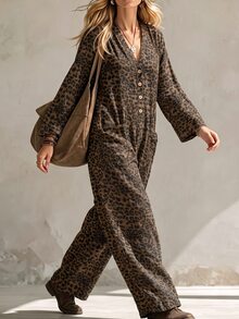 Linhara CURVE 2026 New V-Neck Plus Size Women's Jumpsuit With Pockets Fall - Coffee Brown - View 4