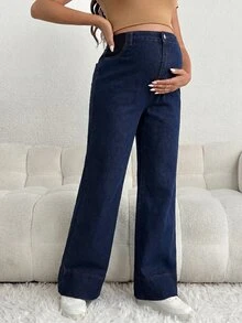 SHEIN 孕婦高腰寬腿鬆垮休閒百搭牛仔褲套裝，適合拍照與孕照拍攝，海軍藍 - 深色水洗藍 - 查看 3