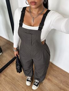 POPSWAY Plus Size Women's Casual Minimalist Commuter Woven Grey Utility Overall Jumpsuit, Autumn/Winter - Grey - View 5