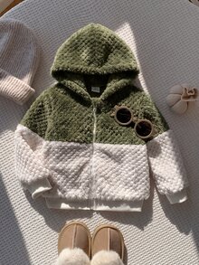 SHEIN 中性嬰兒男/女嬰秋季/冬季保暖內裡加厚拼色拼接連帽夾克，嬰兒男童秋冬裝，復古風 - 彩色 - 查看 4
