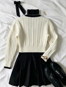IslaSuriya Women's Fashion Cable Knit Contrast Color Button Cardigan - Apricot - View 2