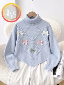 Sweater Lengan Panjang Motif Pita Jacquard Manis untuk Anak Perempuan Remaja - Biru - View 3