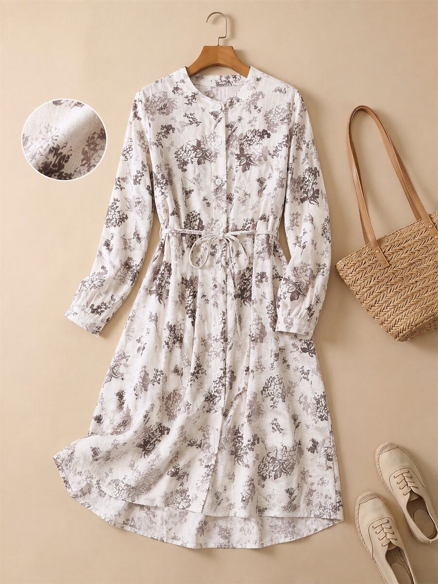 Rusticease Women's All-Over Print Casual Party Mid-Length Dress - Beige - View 1