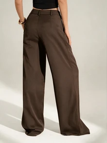 SHEIN Tall Old Money 風格女款高腰百褶寬腿長褲，黑色冬季端莊商務休閒辦公穿搭，優雅純色寬鬆修身工作褲，適合高個女性 - 可可 - 查看 2