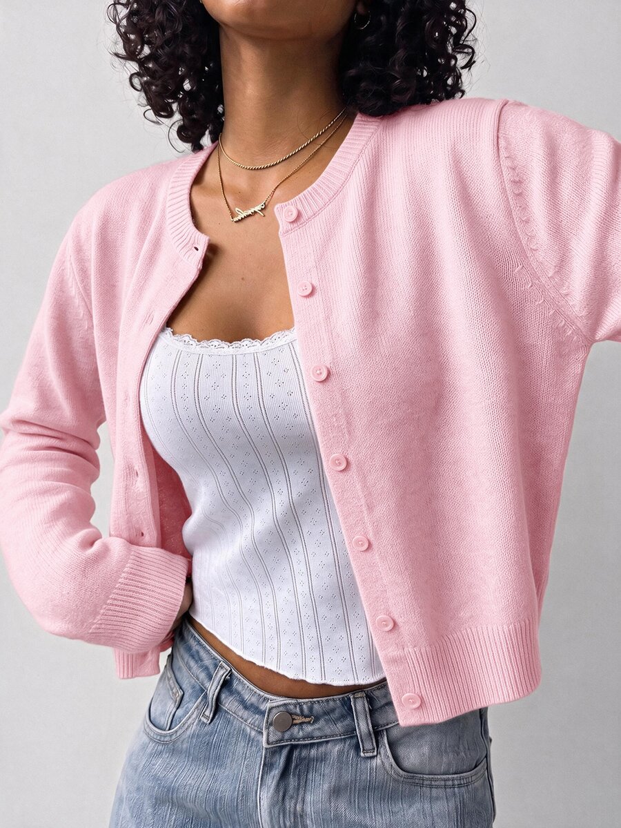 SHEIN BASICS 女款復古休閒純色單排扣長袖針織開襟衫 辦公日常上學商務 橄欖綠 秋季 - 淺粉色 - 查看 1