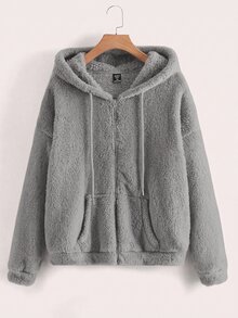 SHEIN LUNE 大尺碼女款純色抓絨連帽夾克，休閒寬鬆俐落，適合秋冬辦公室、夜店、教師穿著，黑色 - 灰色 - 查看 1