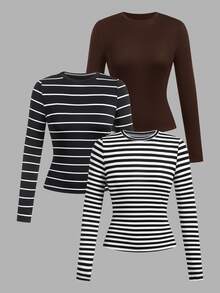 SHEIN EZwear 女款 3 件組圓領休閒極簡修身長袖長版 T 恤套裝，適合秋季 - 彩色 - 查看 1